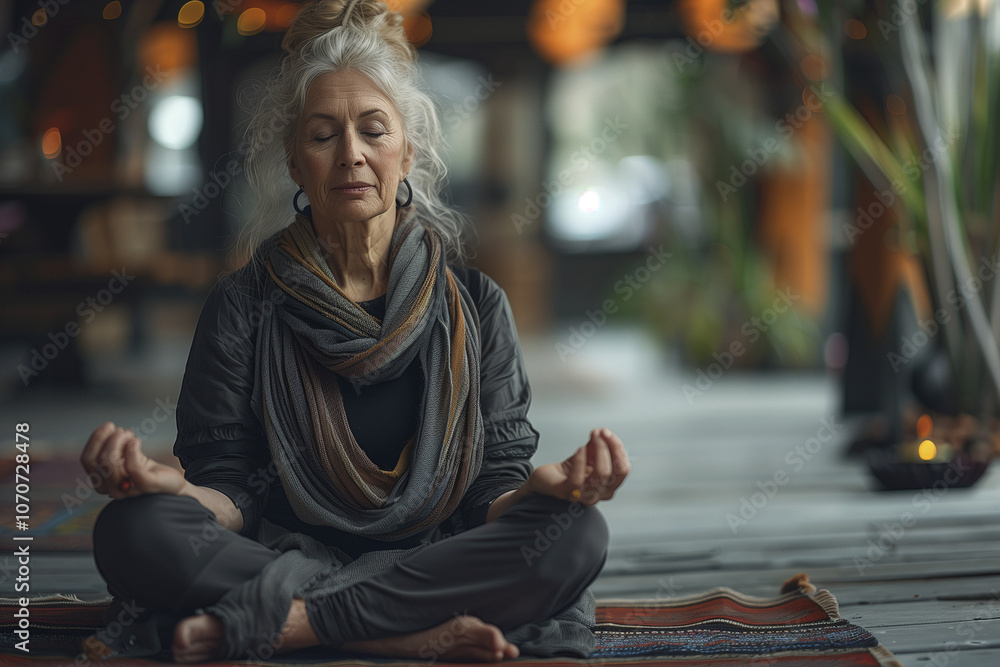 Fototapeta premium person sitting on the ground, doing yoga . wellness and selfcare, mindfulness. still Ife. woman makes yoga, sitting in yoga pose, relaxing. AI Generated