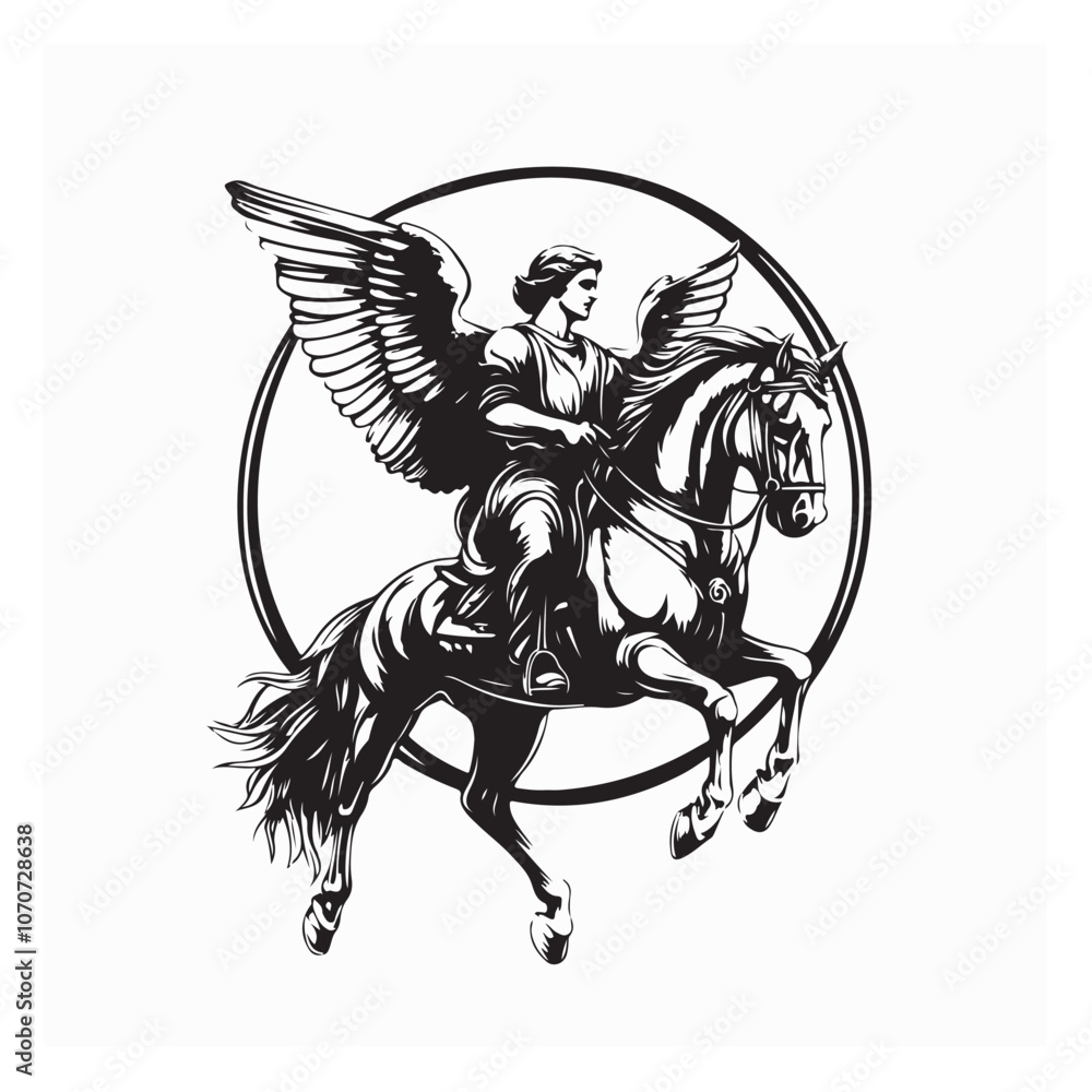Fototapeta premium Angel man on a horse with wings image vector isolated on white background.