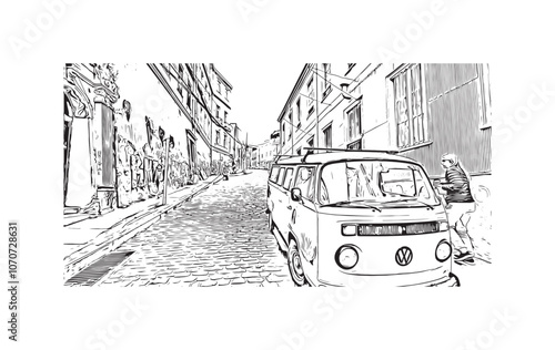 Obraz na płótnie Print Building view with landmark of Valparaiso is a city in United States. Watercolor splash with hand drawn sketch illustration in vector. w salonie