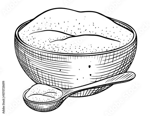 Bowl and spoon of Flour vector illustration. Drawing of dish with curd or sour cream in line art style. Rustic retro outline element painted by black inks. Etching for cookbook. Kitchen utensil.