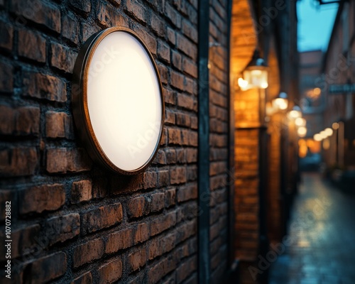 a circular signboard mockup on the brick wall