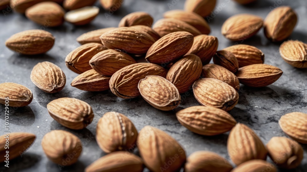 A close-up of raw almonds scattered on a surface, showcasing their textured shells. A close-up of raw almonds scattered on a surface, showcasing their textured shells.