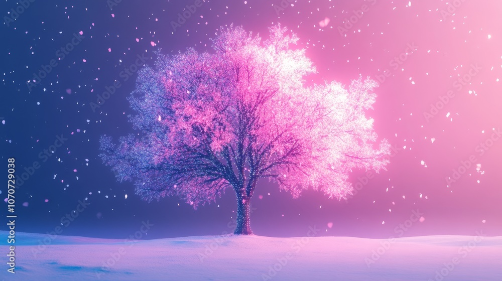 Single Tree in Snowy Field with Pink Lights and Falling Petals. Single Tree in Snowy Field with Pink Lights and Falling Petals.