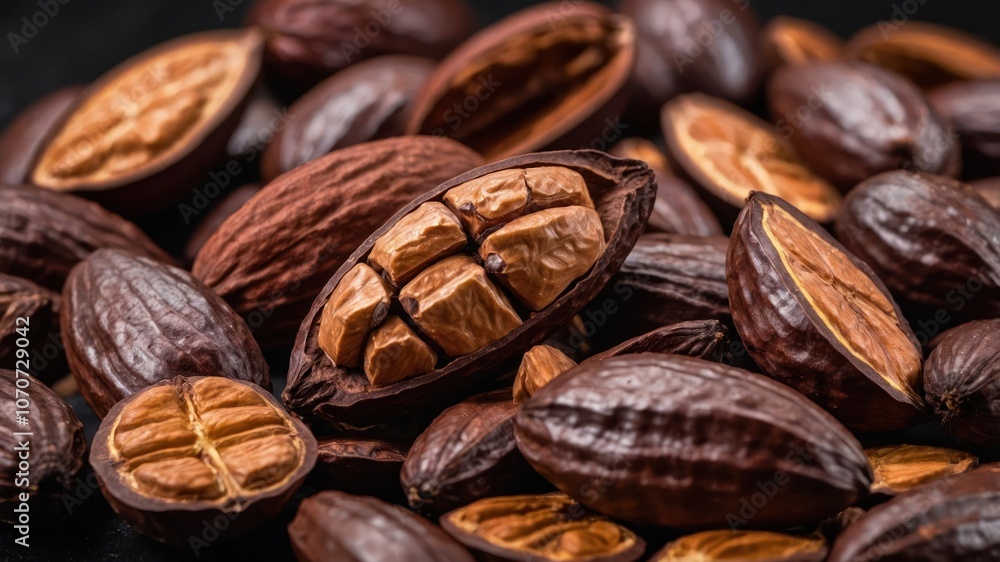 A close-up of opened and whole cocoa pods showcasing their rich, brown seeds. A close-up of opened and whole cocoa pods showcasing their rich, brown seeds.