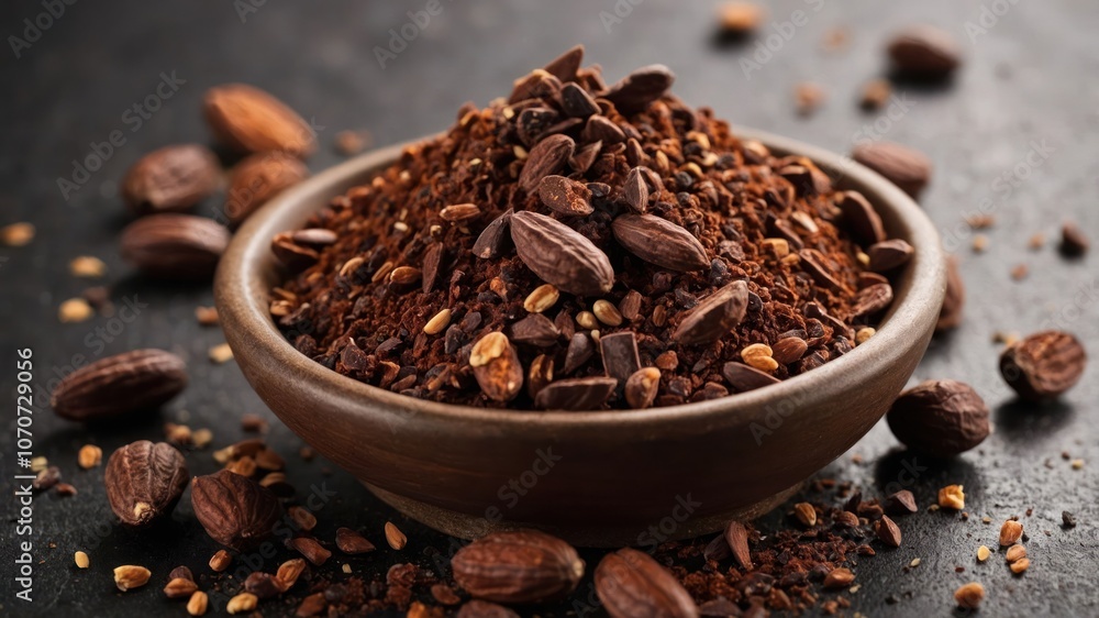 A bowl of ground cocoa powder surrounded by cocoa beans, showcasing rich chocolate ingredients. A bowl of ground cocoa powder surrounded by cocoa beans, showcasing rich chocolate ingredients.