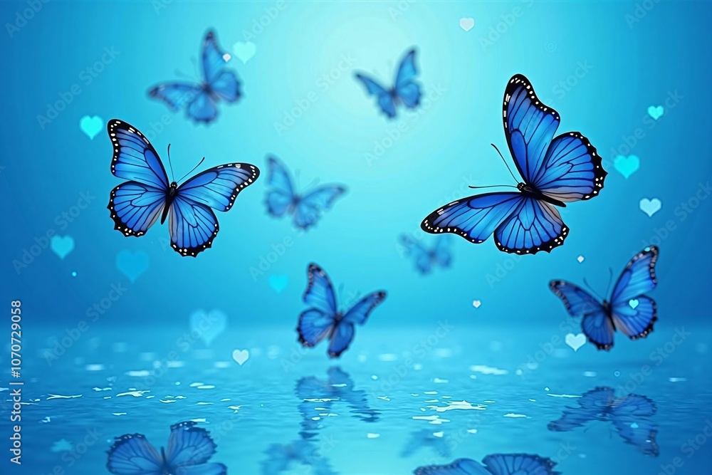 Magical Blue Butterflies with Sparkling Light and Rippled Water Reflection for an Enchanting Background Design Magical Blue Butterflies with Sparkling Light and Rippled Water Reflection for an Enchanting Background Design