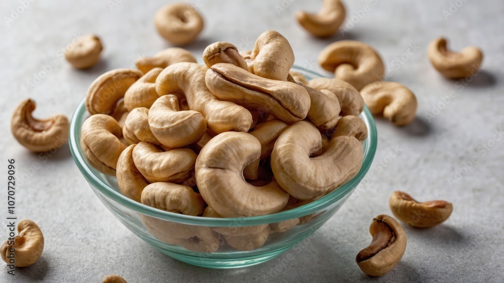 A bowl of cashew nuts surrounded by scattered nuts on a light surface. A bowl of cashew nuts surrounded by scattered nuts on a light surface.