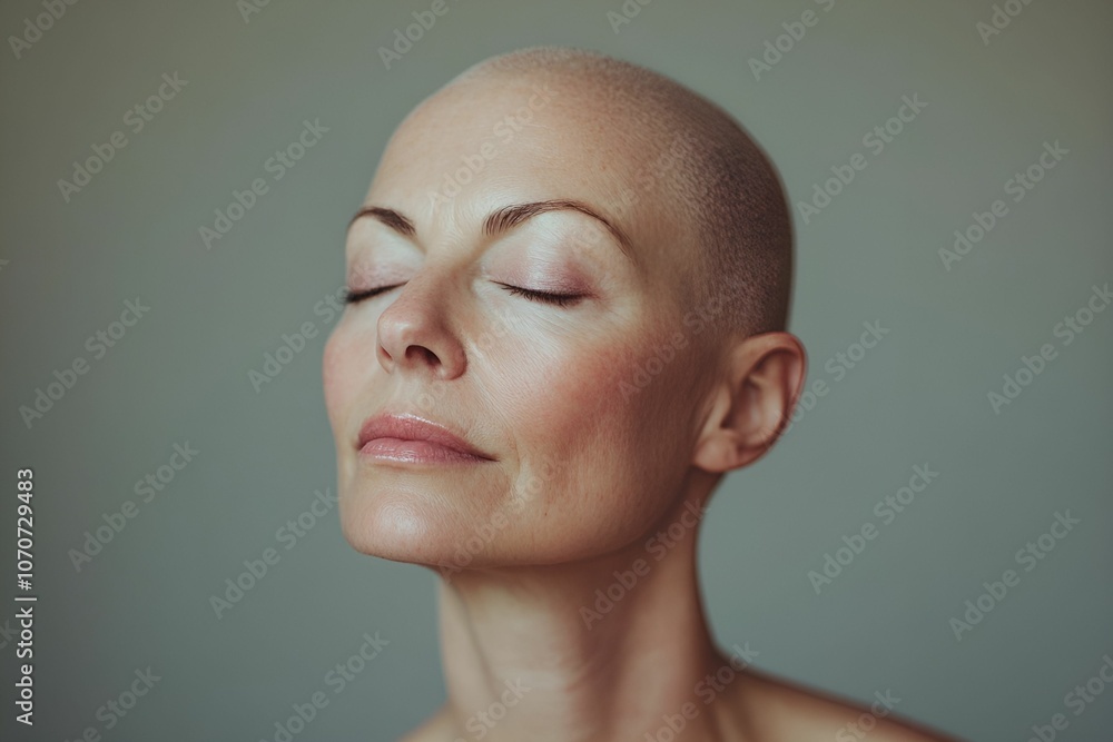 A serene moment captured of a woman with a shaved head in soft lighting, conveying tranquility