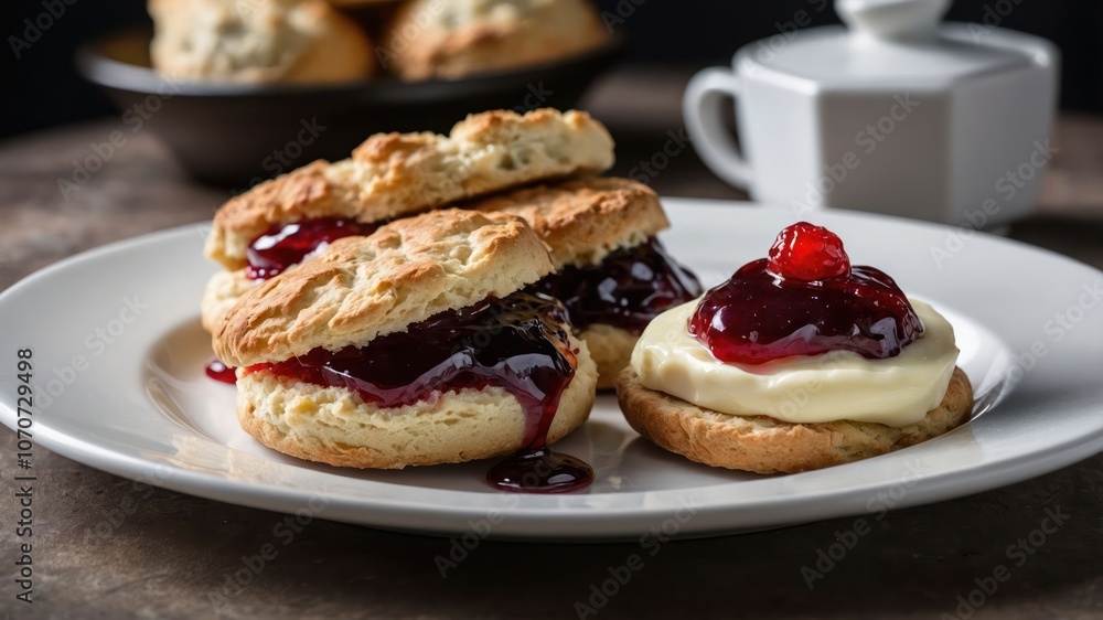 A plate of scones topped with jam and cream, served with a side of baked goods. A plate of scones topped with jam and cream, served with a side of baked goods.