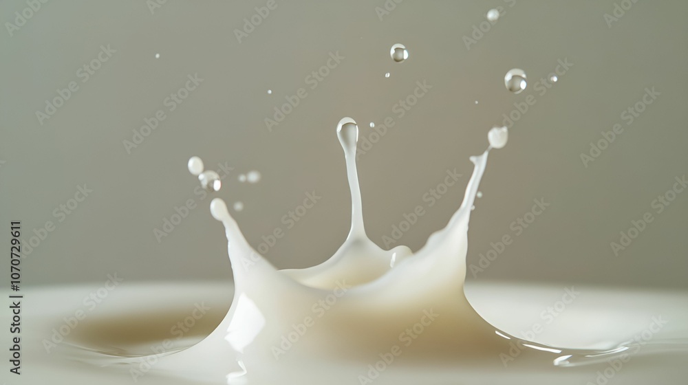 Splashing milk creates beautiful droplets against a smooth, soft background in natural light Splashing milk creates beautiful droplets against a smooth, soft background in natural light