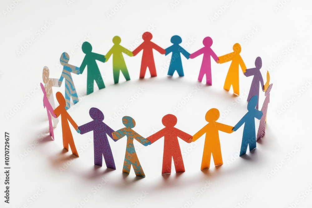 A circle of colorful paper cutouts representing unity and diversity, holding hands in a collaborative manner. A circle of colorful paper cutouts representing unity and diversity, holding hands in a collaborative manner.