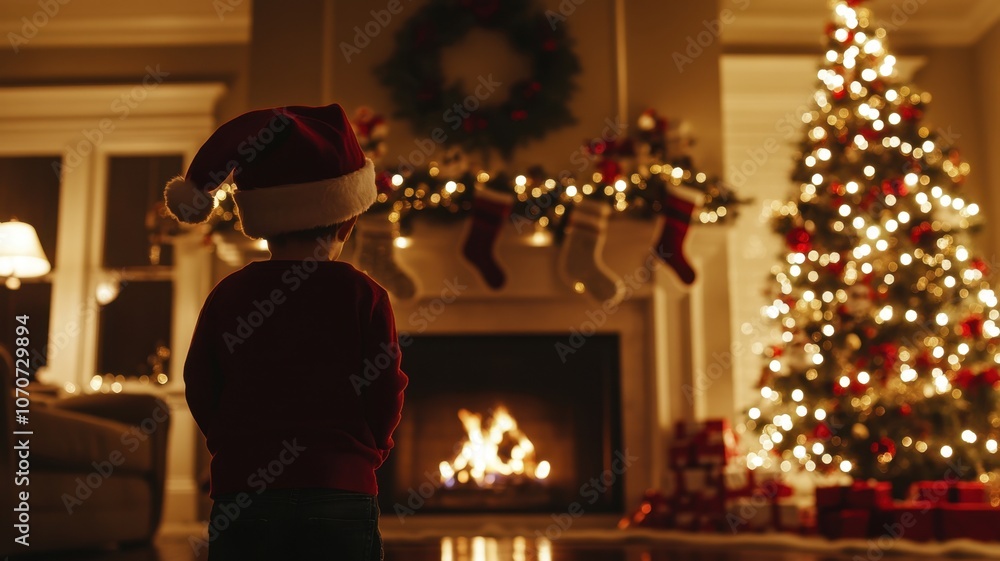 Child wearing santa hat looking at christmas tree and fireplace in cozy living room Child wearing santa hat looking at christmas tree and fireplace in cozy living room