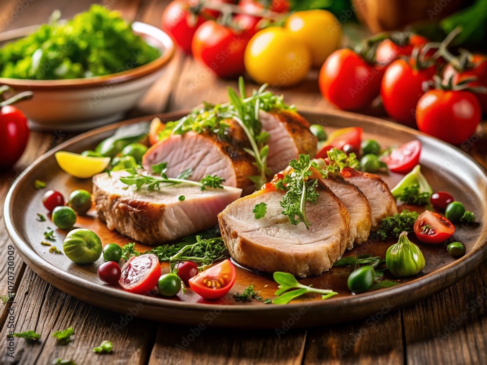 Delightful Tilt-Shift Photography of Savory Pork Chop Slices on a Plate Surrounded by Fresh Ingredients, Perfect for Culinary and Food Enthusiast Stock Images Delightful Tilt-Shift Photography of Savory Pork Chop Slices on a Plate Surrounded by Fresh Ingredients, Perfect for Culinary and Food Enthusiast Stock Images