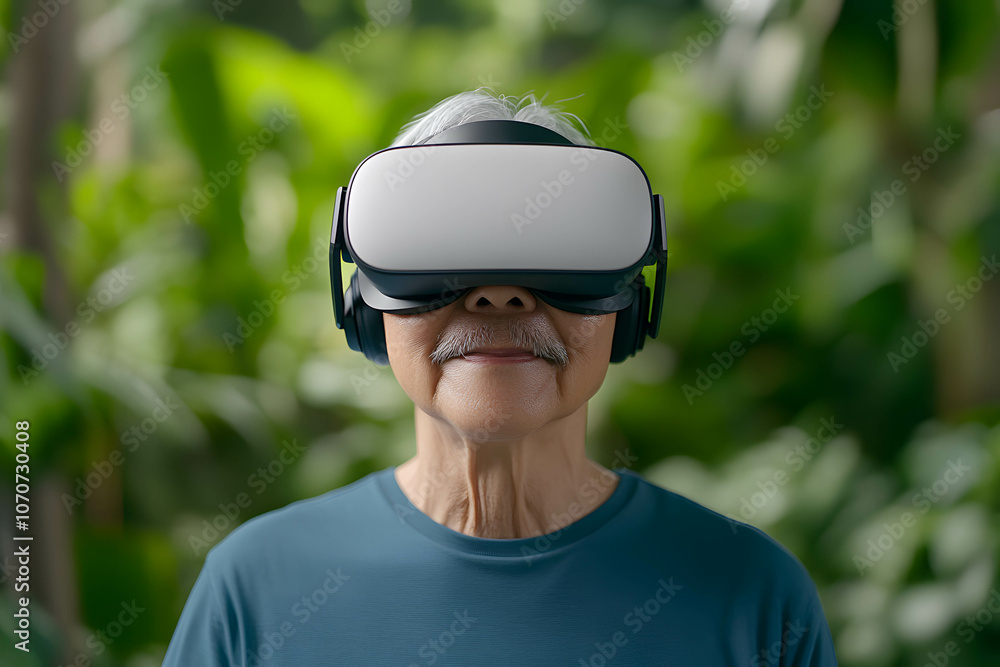 Elderly person using a VR headset, tech-enhanced social engagement for seniors, virtual social interactions Elderly person using a VR headset, tech-enhanced social engagement for seniors, virtual social interactions