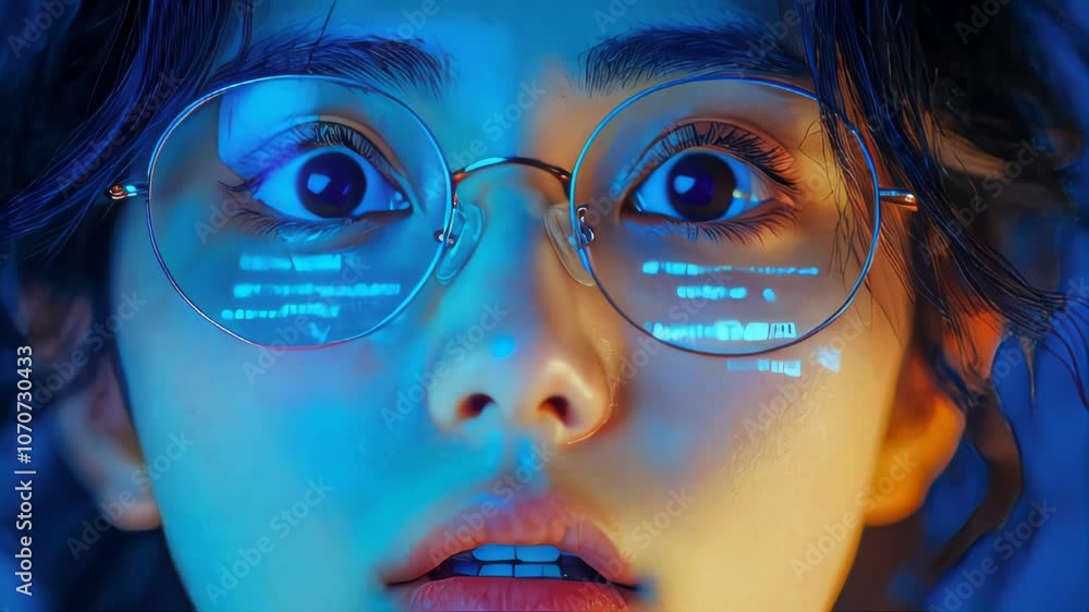 Close-up of a man wearing glasses with digital code reflecting in the lenses, surrounded by a tech-inspired glow Close-up of a man wearing glasses with digital code reflecting in the lenses, surrounded by a tech-inspired glow