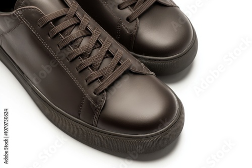 Dark brown leather lace-up running shoes with low tops, thick soles. The laces and black rubber outsole. Sporty look. Men to wear during outdoor activities, hiking. Brown shoes. Trendy Male Boots Pair photo