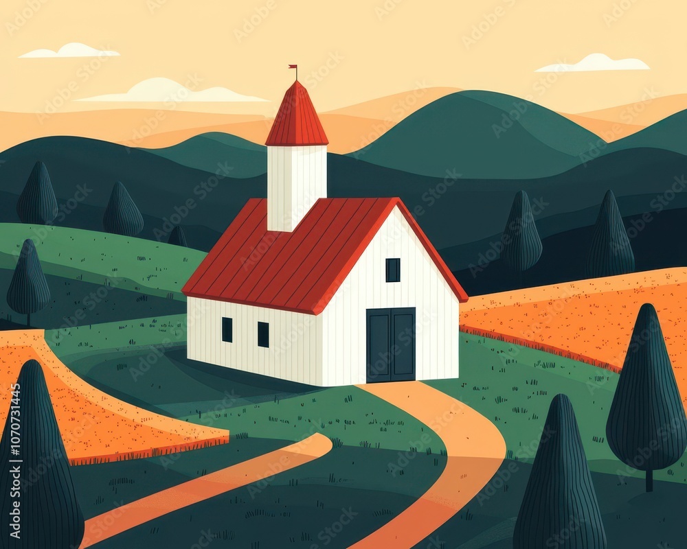 Naklejka premium Isometric farm with barn and fields, tractor outside, rural and pastoral vibe