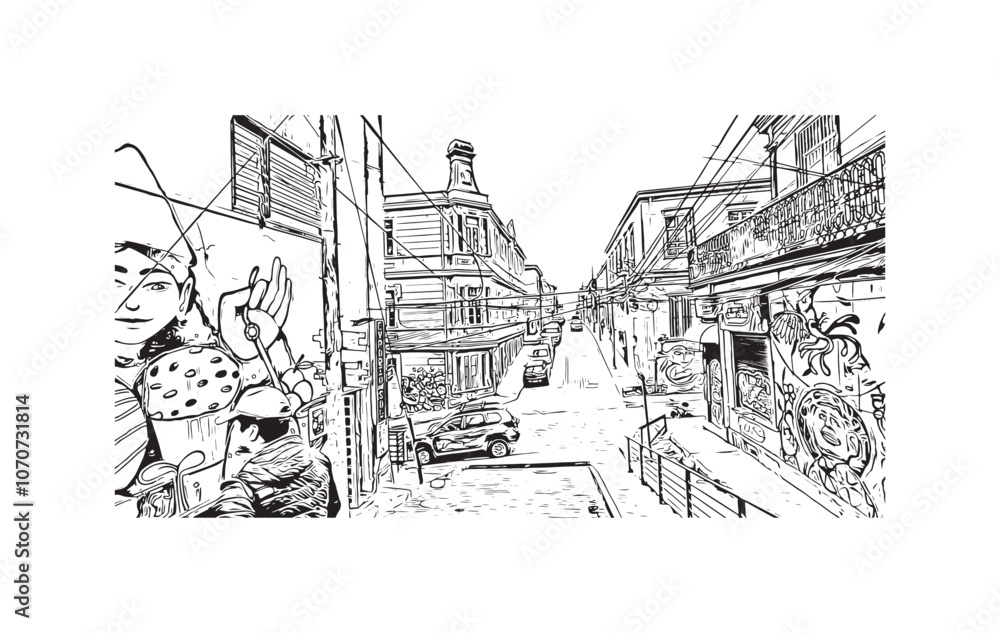 Print Building view with landmark of Valparaiso is a city in United States. Watercolor splash with hand drawn sketch illustration in vector.
