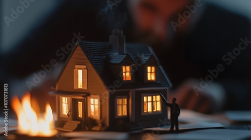 A miniature house with glowing windows surrounded by flames, suggesting a dramatic scene or metaphorical concept.