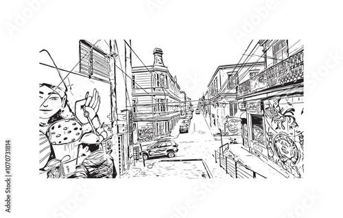 Obraz na płótnie Print Building view with landmark of Valparaiso is a city in United States. Watercolor splash with hand drawn sketch illustration in vector. w salonie