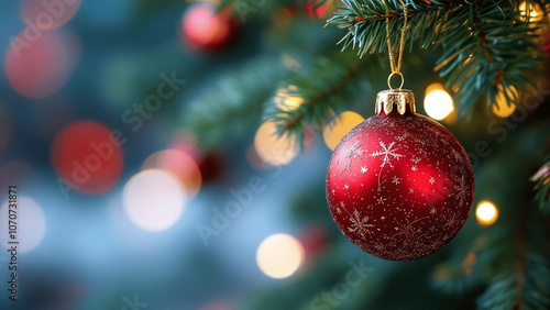 Festive red Christmas ornament hanging delicately from a tree branch, sparkling with holiday cheer.