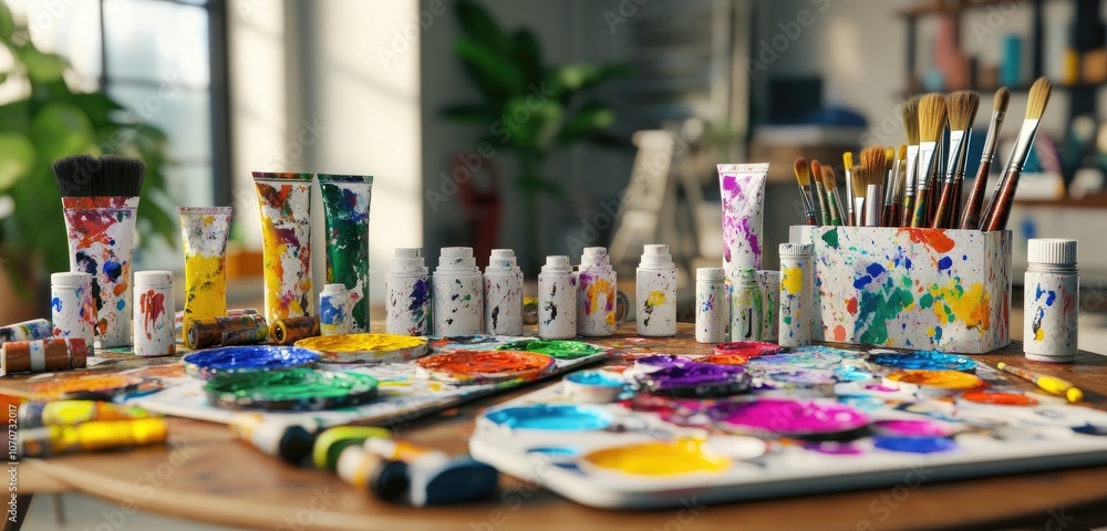 An artist's workstation filled with an array of paint tubes, brushes, and a messy palette with colorful ink splatters on a table. An artist's workstation filled with an array of paint tubes, brushes, and a messy palette with colorful ink splatters on a table.