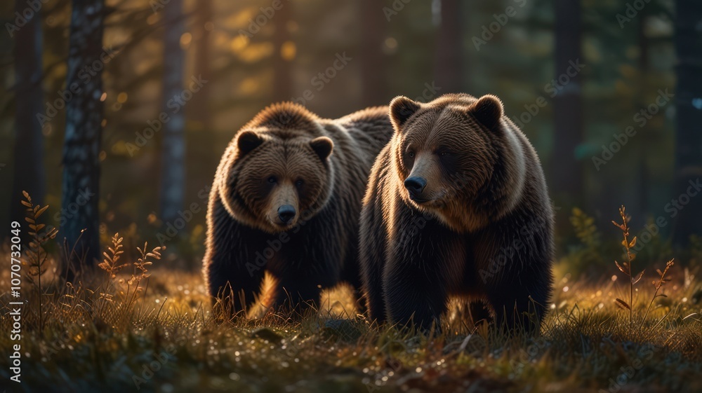 a heartwarming moment between two brown bears in a sunlit forest. The bears, with their thick fur and powerful presence, are standing close together, their gazes locked in a tender exchange. a heartwarming moment between two brown bears in a sunlit forest. The bears, with their thick fur and powerful presence, are standing close together, their gazes locked in a tender exchange.