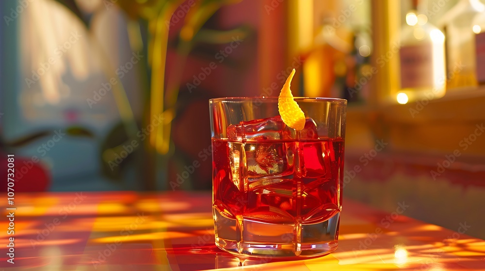 A negroni cocktail with equal parts gin, Campari, and vermouth in a short glass with a large ice cube and a twist of orange peel, providing a smooth, rich color A negroni cocktail with equal parts gin, Campari, and vermouth in a short glass with a large ice cube and a twist of orange peel, providing a smooth, rich color
