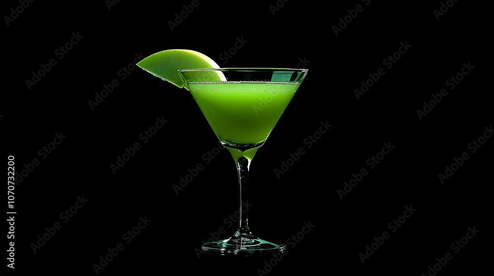 A bright green apple martini in a martini glass, garnished with a thin apple slice. The drink’s neon green color and smooth surface add a touch of elegance A bright green apple martini in a martini glass, garnished with a thin apple slice. The drink’s neon green color and smooth surface add a touch of elegance