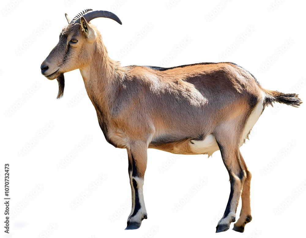 Obraz premium Portrait of a majestic goat with curved horns standing against a white background. The goat's serene posture highlights its natural grace and poise, perfect for agricultural or educational purposes
