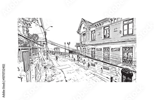 Obraz na płótnie Print Building view with landmark of Valparaiso is a city in United States. Watercolor splash with hand drawn sketch illustration in vector. w salonie