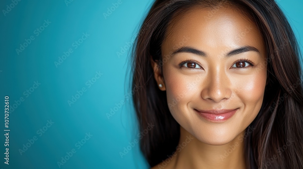 Close-up portrait of a smiling Thai woman with brown eyes and glowing skin, against a clean blue background, ideal for adding beauty-related text or slogans. Close-up portrait of a smiling Thai woman with brown eyes and glowing skin, against a clean blue background, ideal for adding beauty-related text or slogans.