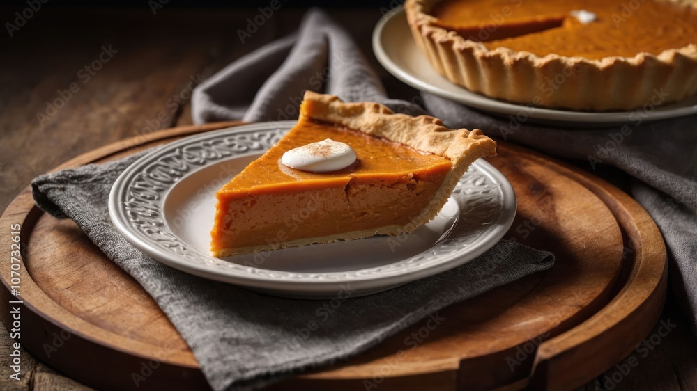 A slice of pumpkin pie on a decorative plate, served with whipped cream and a whole pie in the background. A slice of pumpkin pie on a decorative plate, served with whipped cream and a whole pie in the background.