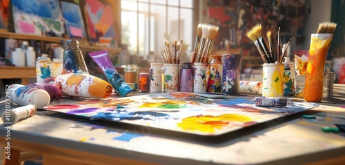 An artist's workstation filled with an array of paint tubes, brushes, and a messy palette with colorful ink splatters on a table.