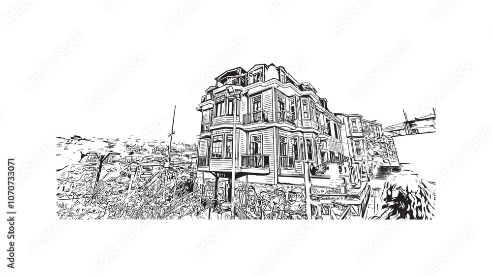 Print Building view with landmark of Valparaiso is a city in United States. Watercolor splash with hand drawn sketch illustration in vector.
