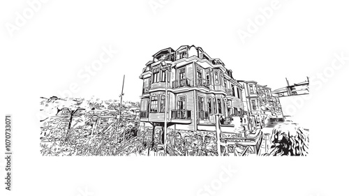Obraz na płótnie Print Building view with landmark of Valparaiso is a city in United States. Watercolor splash with hand drawn sketch illustration in vector. w salonie