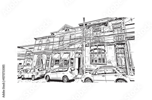 Obraz na płótnie Print Building view with landmark of Valparaiso is a city in United States. Watercolor splash with hand drawn sketch illustration in vector. w salonie