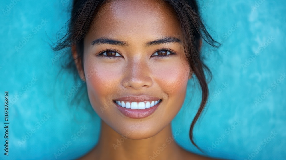 Close-up portrait of a smiling Thai woman with brown eyes and glowing skin, against a clean blue background, ideal for adding beauty-related text or slogans. Close-up portrait of a smiling Thai woman with brown eyes and glowing skin, against a clean blue background, ideal for adding beauty-related text or slogans.