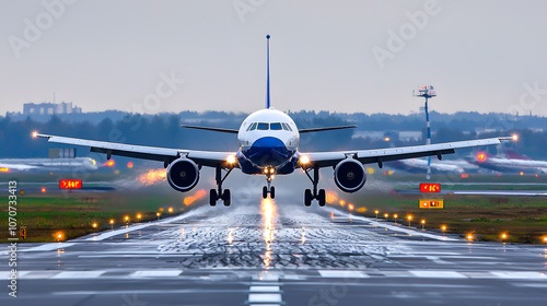 An airplane landing to airport on a runway