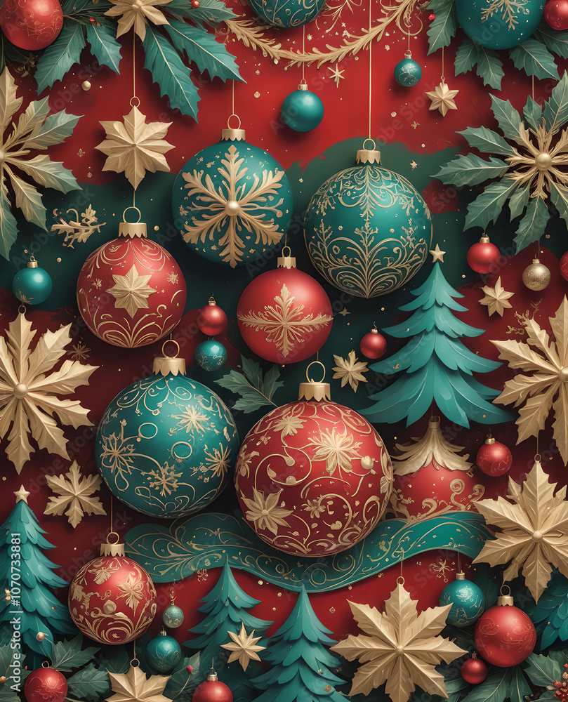 Christmas decoration on wooden background, red background with toys, snowflakes and trees Christmas decoration on wooden background, red background with toys, snowflakes and trees