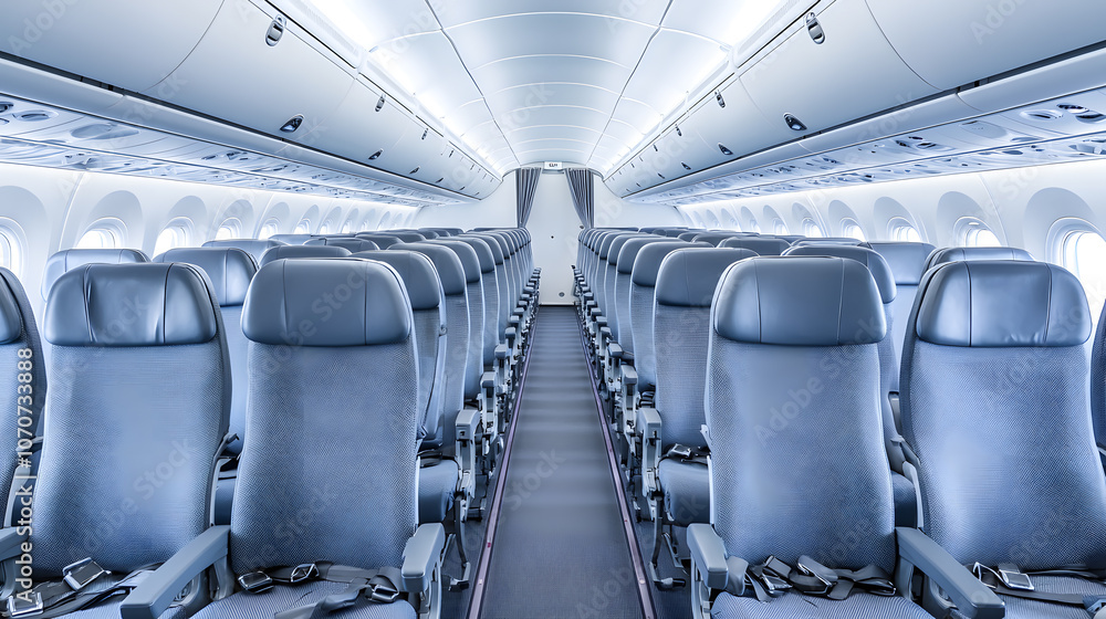 Fototapeta premium Inside modern airplane cabin with rows of empty seats