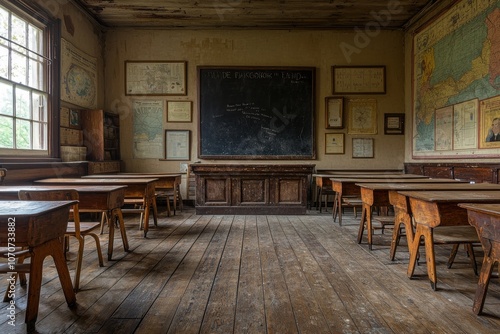 Wallpaper Mural An old-fashioned classroom with wooden desks, a chalkboard, and maps on the walls, reflecting a historical educational setting. Torontodigital.ca