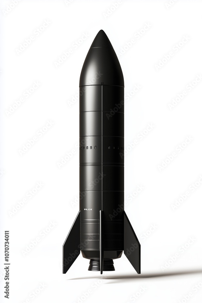 Black rocket standing on white background representing space exploration Black rocket standing on white background representing space exploration