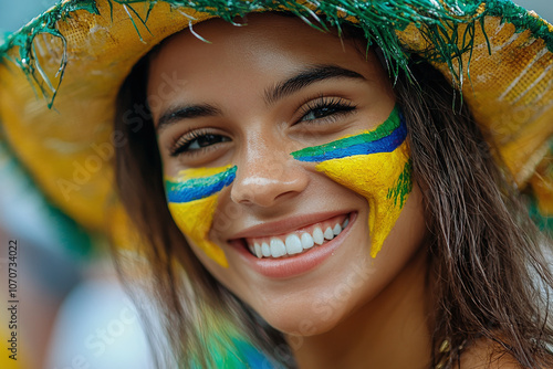 a Brazilian soccer fan with face paint in team colors. photo