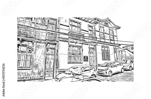 Obraz na płótnie Print Building view with landmark of Valparaiso is a city in United States. Watercolor splash with hand drawn sketch illustration in vector. w salonie
