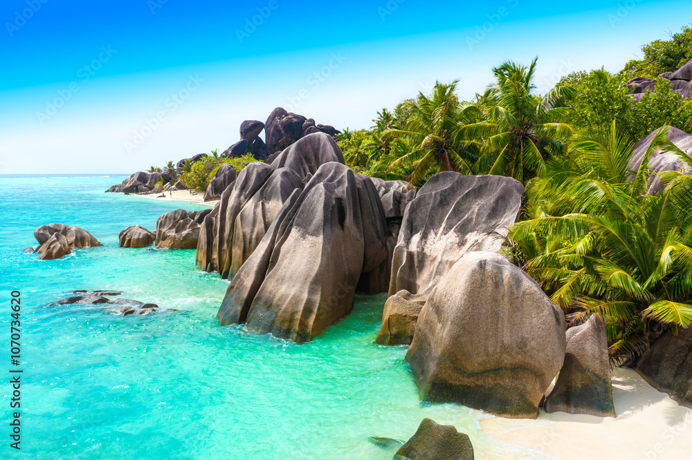 Paradise beach on the island of La Digue in the Seychelles. Anse Source D'Argent