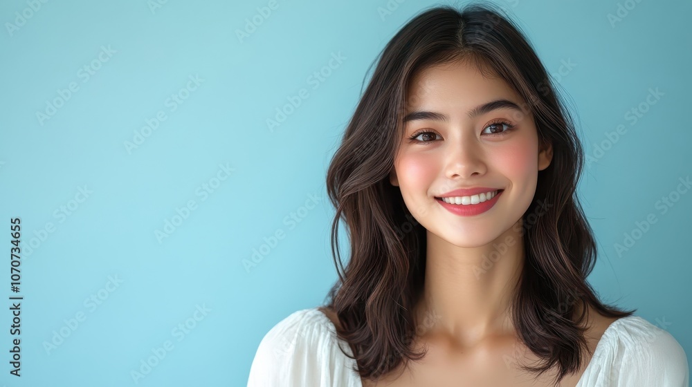 Portrait of a radiant young Thai woman with smooth skin and brown eyes, smiling in front of a soft blue background, leaving space for skincare product text. Portrait of a radiant young Thai woman with smooth skin and brown eyes, smiling in front of a soft blue background, leaving space for skincare product text.