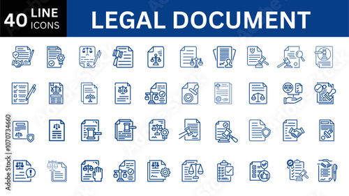 40 Legal document icon set. Containing contract, agreement, passport, ID card, certificate, license, patent, testament and more. Vector solid icons collection
