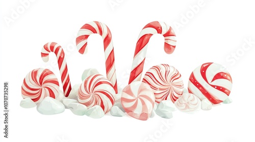 Candy cane float with oversized sweets, isolated on white, playful and colorful holiday design, candy cane float, Christmas decoration