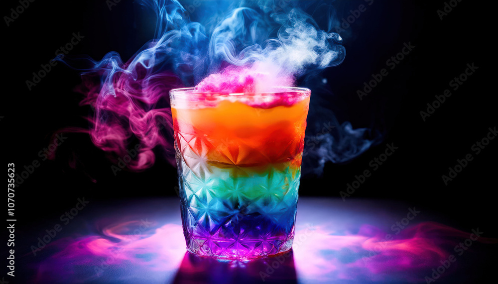 A layered mocktail where each layer emits a different color of smoke, creating a gradient effect, with vibrant hues blending beautifully for a striking visual presentation. A layered mocktail where each layer emits a different color of smoke, creating a gradient effect, with vibrant hues blending beautifully for a striking visual presentation.